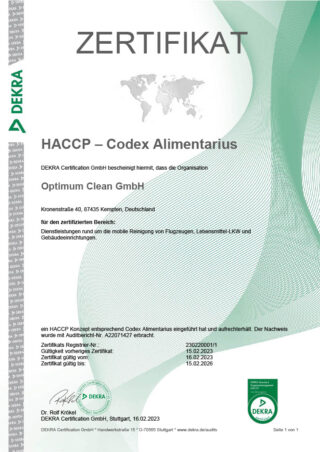 HACCP Zertifizierung Optimum Clean GmbH HACCP DEKRA Zertifizierung HACCP DEKRA zertifiziert