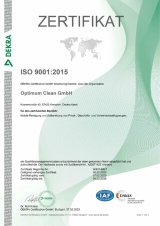 ISO9001:2015 Qualitätsstandard Optimum Clean GmbH DEKRA Zertifizierung DEKRA zertifiziert