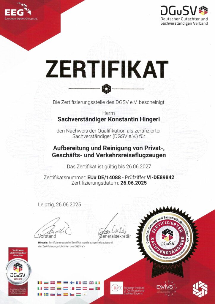 DGUSV Zertifizierung Sachverständiger Flugzeugaufbereitung | Optimum Clean GmbH Zertifikat DGUSV – zertifizierter Sachverständiger für Aufbereitung und Reinigung von Privat-, Geschäfts- und Verkehrsflugzeugen – Optimum Clean GmbH
