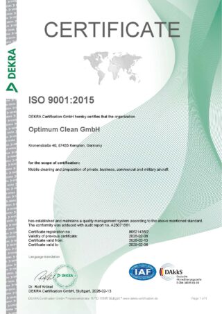 ISO 9001:2015 Qualitätsmanagement Zertifizierung | Optimum Clean GmbH ISO 9001:2015 DEKRA Zertifikat – Qualitätsmanagement für Flugzeugreinigung und Aufbereitung – Optimum Clean GmbH