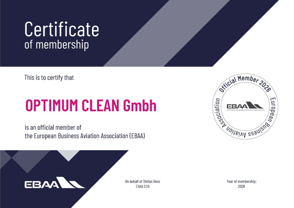 EBAA Member Business Aviation | Optimum Clean GmbH EBAA membership certificate – official member of the European Business Aviation Association – Optimum Clean GmbH
